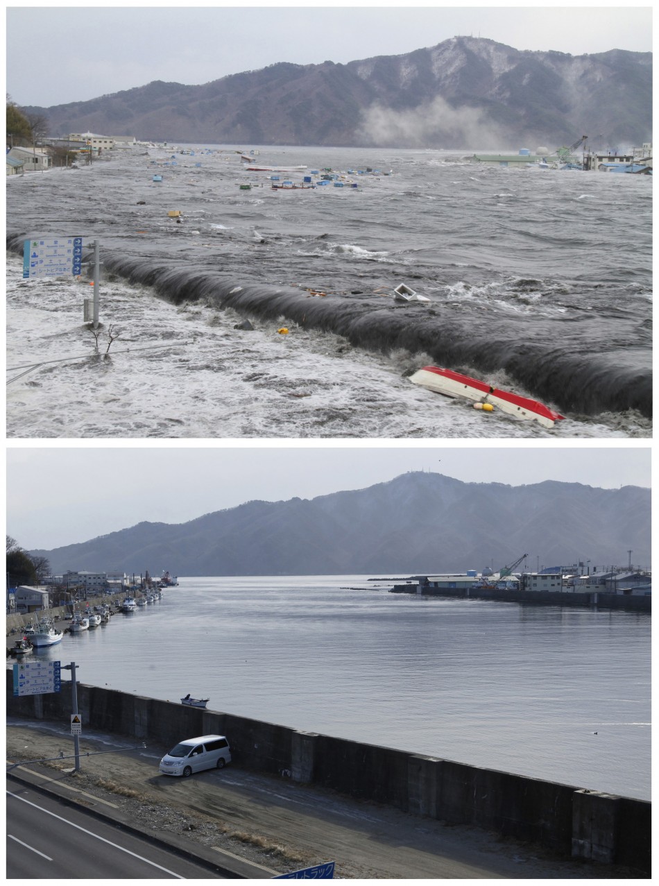 A combination photograph shows the same location on two different dates in Miyako, Iwate Prefecture, northeastern Japan