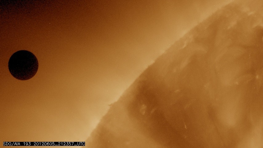 On June 5-6 2012, SDO is collecting images of one of the rarest predictable solar events: tthe transit of Venus across the face of the sun. This event happens in pairs eight years apart that are separated from each other by 105 or 121 years. The last transit was in 2004 and the next will not happen until 2117. This image was captured on June 5, 2012. Venus Transit 2012