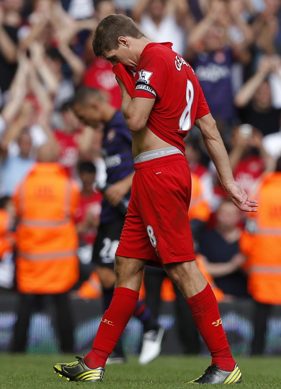 Liverpool's Gerrard reacts after losing to Arsenal in their English Premier League soccer match at Anfield in Liverpool Steven Gerrard