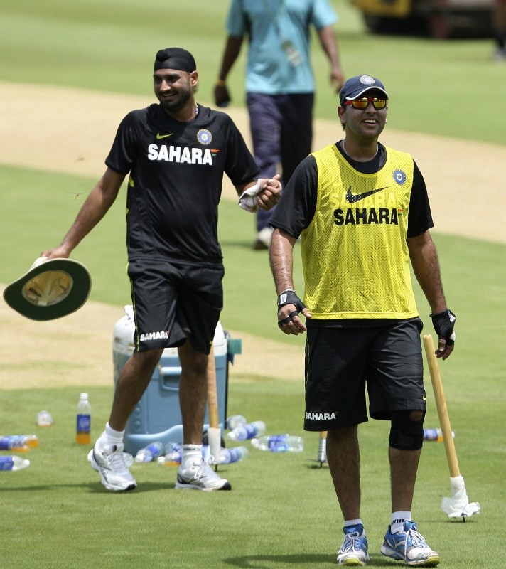 Yuvraj Singh and Harbhajan Singh during a practice session ahead of India's first T20 match against New Zealand Yuvraj Singh
