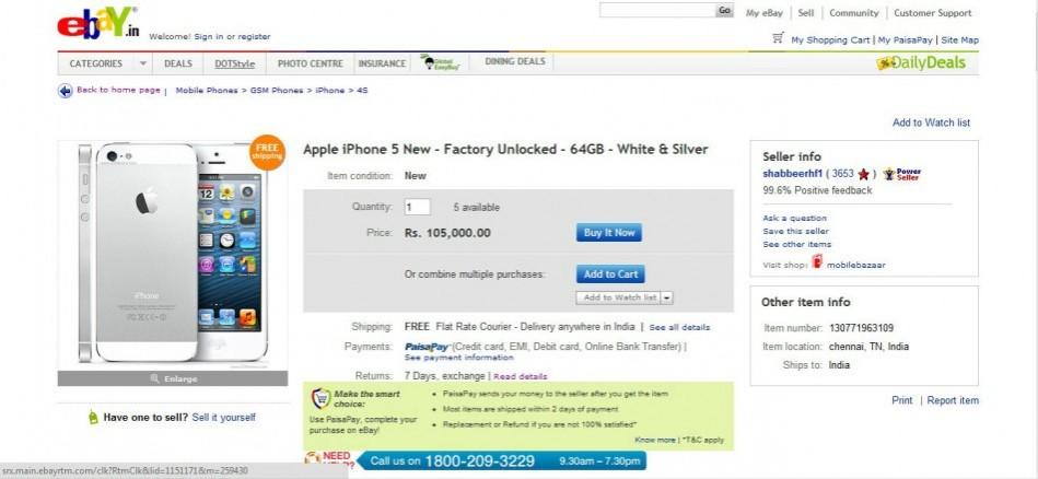 Screen shot of Ebay website on iPhone 5 price in India Screen shot of Ebay website on iPhone 5 price in India