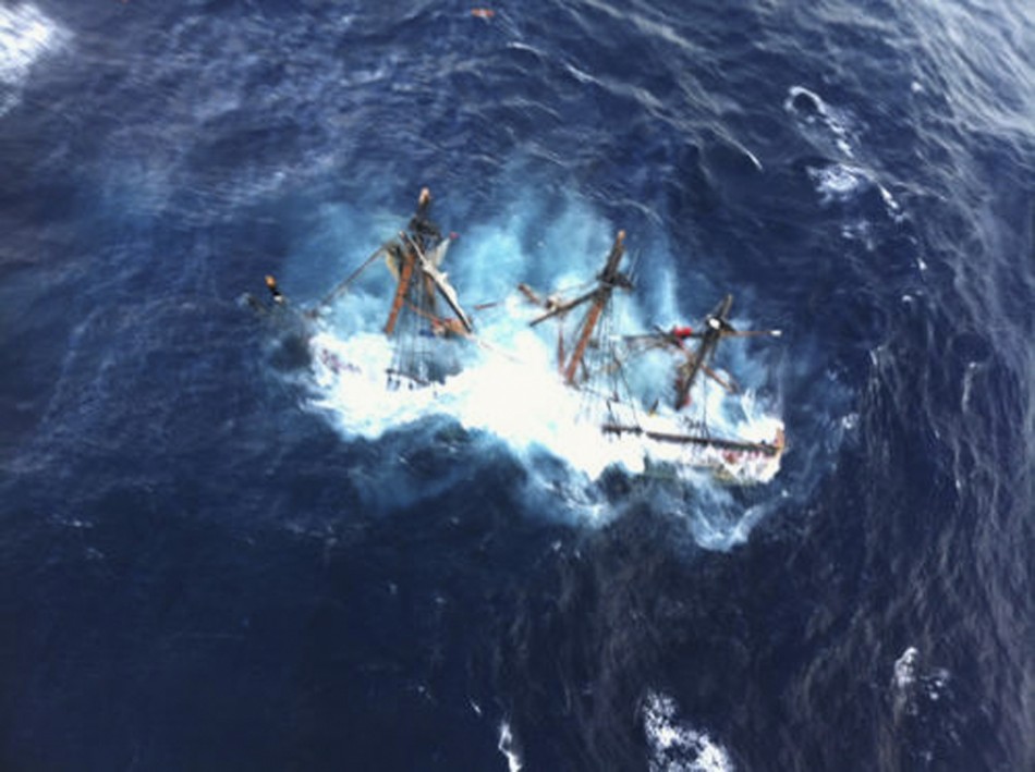 The HMS Bounty is shown submerged in the Atlantic Ocean during Hurricane Sandy approximately 90 miles southeast of Hatteras, North Carolina Hurricane Sandy
