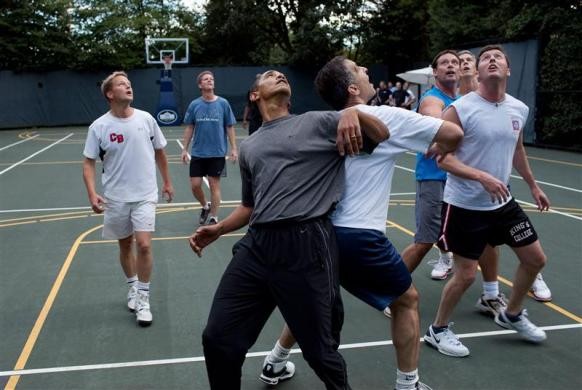 President Barack Obama, along with Cabinet Secretaries and Members of Congress, during a basketball game on the White House court, October 8, 2009. Barack Obama