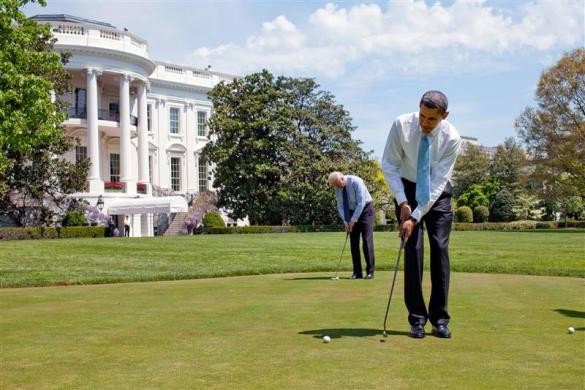 President Barack Obama and Vice President Joe Biden practice their putting on the putting green on the South Lawn, April 24, 2009. Barack Obama