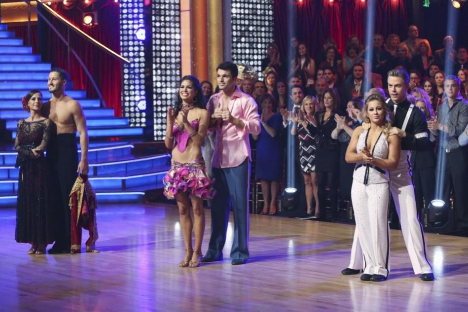Publicity handout photo shows the three All-Stars women finalists and their professional dance partners Monaco and Chmerkovskiy, Rycroft and Dovolani along with Johnson and Hough, during the last night of Melissa Rycroft, Tony Dovolani