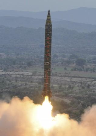 This still image from a Pakistan military handout shows a medium range ballistic missile Hatf V (Ghauri) being fired during a test at an undisclosed location in Pakistan Hatf V Ghauri