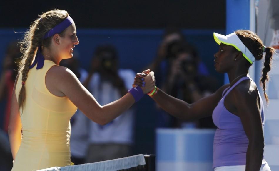 Victoria Azarenka of Belarus shakes hands with Sloane Stephens of the U.S. after defeating her in their women's singles semi-final match at the Australian Open tennis tournament in Melbourne Victoria Azarenka, Sloane Stephens