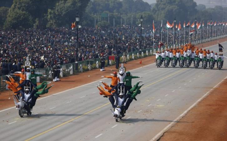 Indian soldiers perform a dare-devil show on their motorcycles during full dress rehearsal for the Republic Day parade in New Delhi on Jan 23.