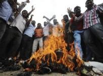 pro-telangana-supporters-shout-slogans-beside-a-burning-effigy-representing-members-of-parliament-from-the-state-who-have-not-submitted-their-resignations-during-a-strike-in-hyderabad-july-5-2011