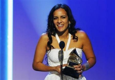Anoushka Shankar accepts the award on behalf of the late Ravi Shankar for World Music Album for his work in ''The Living Room Sessions Part 1'' at the 55th annual Grammy Awards in Los Angeles, California, February 10, 2013. Anoushka Shankar