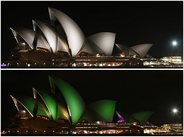 Combo photo of the Sydney Opera House before and during Earth Hour