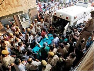 The minor rape victim being moved to the All India Institute of Medical Sciences hospital from Swami Dayanand hospital
