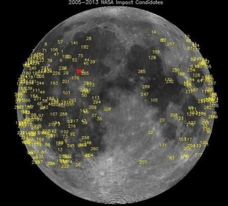 Hundreds of meteoroid impacts on the moon, detected by NASA's lunar monitoring program, are pictured in this undated NASA handout photo. The brightest, detected on March 17, 2013, in Mare Imbrium, is marked by the red square. Hundreds of meteoroid impacts on the moon, detected by NASA's lunar monitoring program, are pictured in this undated NASA handout photo. The brightest, detected on March 17, 2013, in Mare Imbrium, is marked by the red square.(Reuters/NASA/Handout)