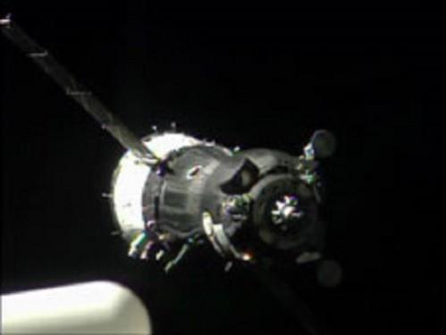 The Soyuz TMA-09M carrying three new Expedition 36 crew members approaches the International Space Station. Photo credit: NASA TV Soyuz TMA-09M