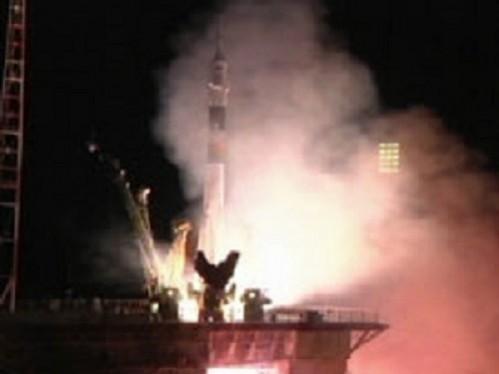 The Soyuz TMA-09M carrying three new Expedition 36 crew members launches from the Baikonur Cosmodrome in Kazakhstan. Photo credit: NASA TV Soyuz TMA-09M carrying three new Expedition 36 crew members