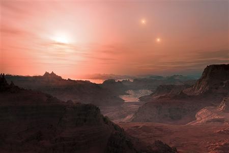 This artist's impression shows a sunset seen from the super-Earth Gliese 667 Cc.