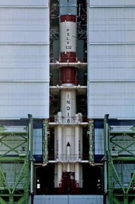 PSLV-C22 ASSEMBLED UPTO SECOND STAGE INSIDE MOBILE SERVICE TOWER. (ISRO) PSLV-C22