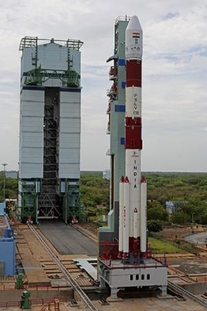 PSLV-C22 on the first launch pad with mobile service tower at a distance. PSLV-C22 on the first launch pad