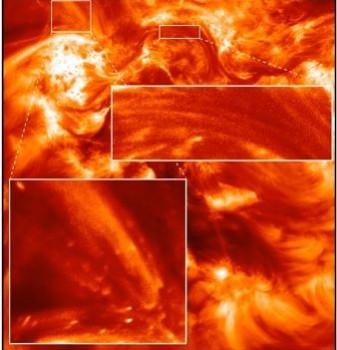 An image of an active, magnetically complicated region of the Sun captured by the new Hi-C instrument. It shows plasma in the outer solar atmosphere at a temperature of 1-2 million degrees Celsius. The inset box at bottom left shows 'sparkle' features that are releasing vast amounts of energy into the corona. The box at top right shows a close-up of part of a solar filament where 'blobs' of solar plasma flow along thread-like 'highway' structures. Credit: NASA MSFC and UCLan. Solar corona