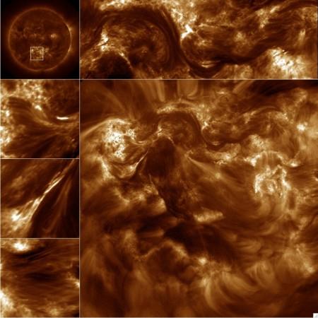 The Hi-resolution Coronal Imager full resolution image shown here is from the solar active region outlined in the AIA image (upper left). Several partial frame images are shown including a portion of a filament channel (upper center/right), the braided ensemble (left, second from top), an example of magnetic recognition and flaring (left, third from top), and fine stranded loops (left, bottom). These Hi-C images are at a resolution of 0.2 Solar corona