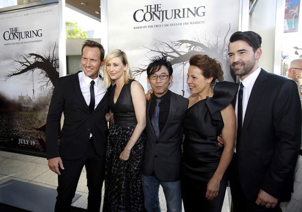 James Wan poses on the red carpet with (from left) Wilson, Farmiga, Taylor and Livingston.