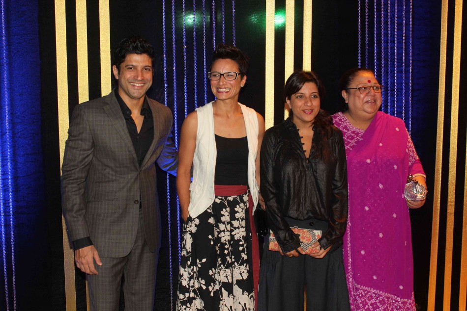 Farhan Akhtar with wife Adhuna Akhtar, sister Zoya Akhtar and mother Honey Irani at Rakesh Roshan's Birthday Party Rakesh Roshan Birthday Party