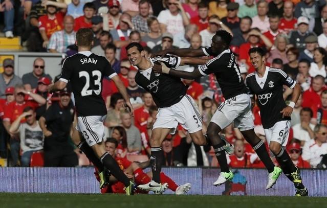 Dejan Lovren (no 5) celebrates after scoring the winner against Liverpool last season. Dejan Lovren Southampton