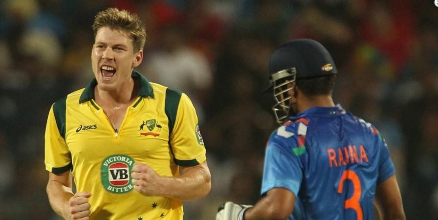 Australia pacer James Faulkner celebrates the wicket of India batsman Suresh Raina in their ODI match, October 13. BCCI Official Website Faulkner Raina