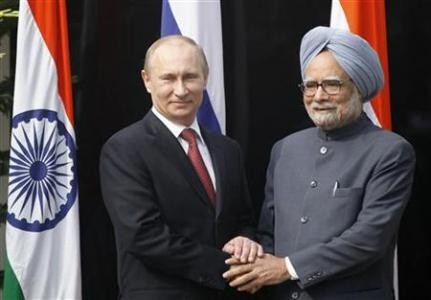 President Vladimir Putin with Prime Minister Manmohan Singh during his visit to India in 2012
