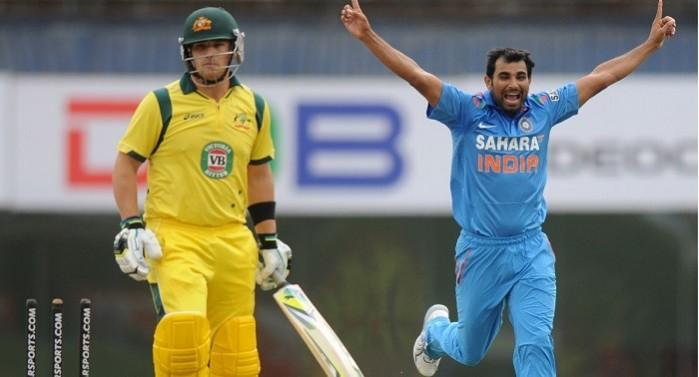 Mohammed Shami celebrates the wicket of Australia opener Aaron Finch in the fourth ODI in Ranchi, October 23. BCCI Official Website Mohammed Shami India Finch Australia