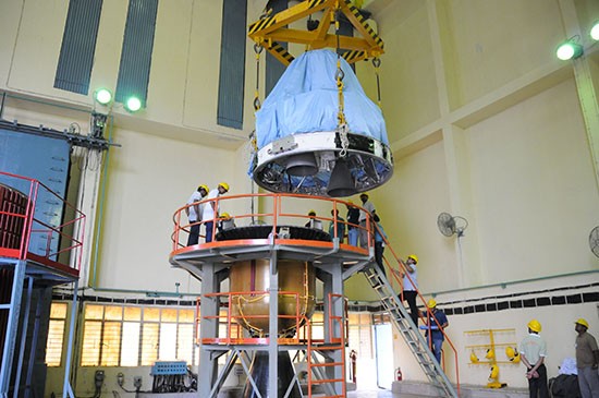 3 Hoisting of one of the segments of the PSLV-C25 during vehicle integration 3 Hoisting of one of the segments of the PSLV-C25 during vehicle integration