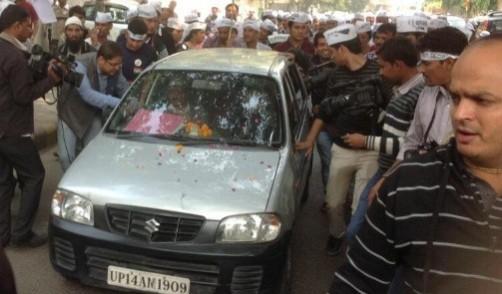 AAP supporters surround Arvind Kejriwal's car as he left for filing his nomination for upcoming Delhi assembly polls AAP supporters surround Arvind Kejriwal's car as he left for filing his nomination for upcoming Delhi assembly polls