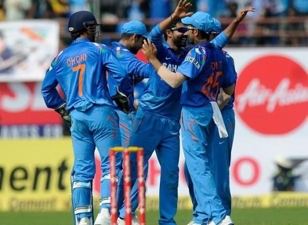 Ravindra Jadeja celebrates a dismissal with his teammates. BCCI Jadeja India