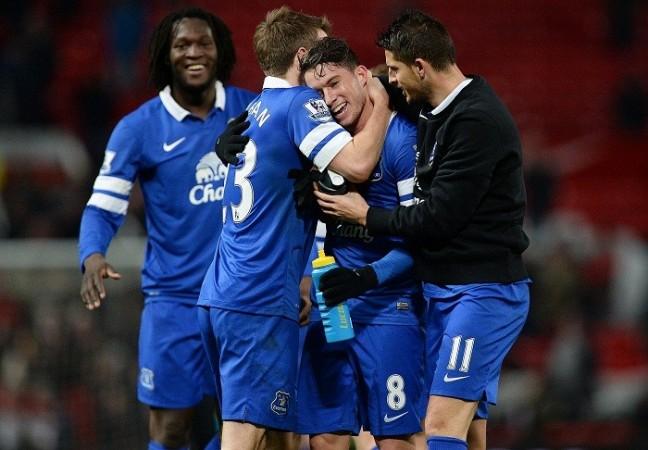Everton players celebrate after their last-gasp victory over Manchester United in the English Premier League, December 4. Reuters Oviedo Everton