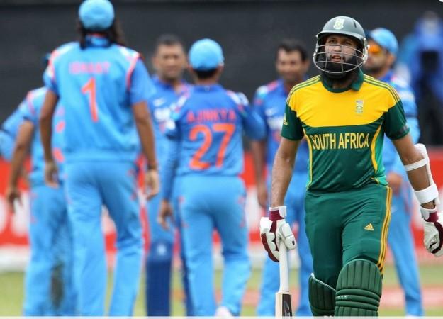 South Africa opener Hashim Amla walks back after being dismissed by Mohammed Shami in the second ODI, December 8. BCCI Amla South Africa India