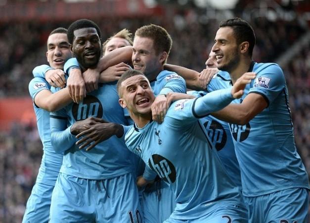 Tottenham striker Emmanuel Adebayor celebrates with teammates after scoring against Southampton in the English Premier League, December 22. Reuters Adebayor Wailker Sigurdsson Chadli Tottenham