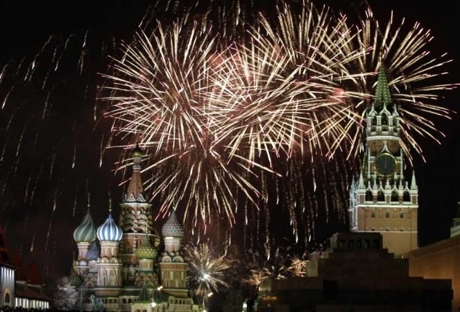 Fireworks explode in the sky during New Year celebrations in Moscow's Red Square New Year 2014