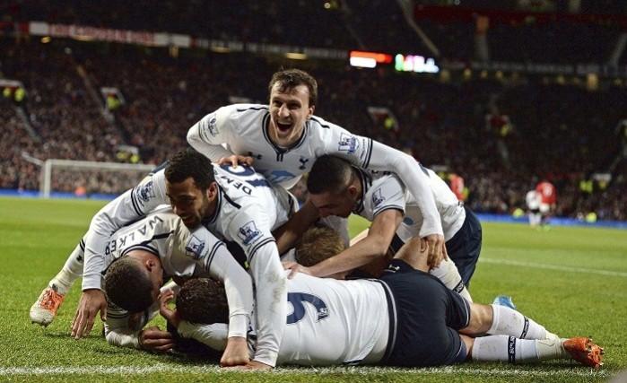 Tottenham players celebrate Christian Eriksen's goal against Manchester United, January 1. Reuters Tottenham Chriches Dembele