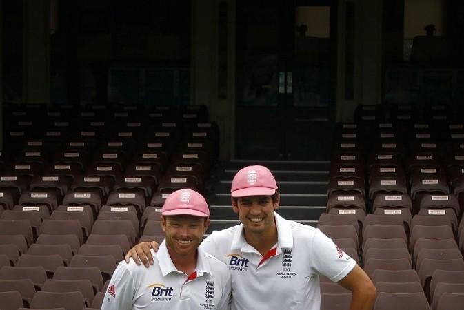 England captain Alastair Cook and Ian Bell wear pink caps as part of promotion for a charity before a team training session at the Sydney Cricket Ground, January 1. Reuters Cook Bell England pink caps