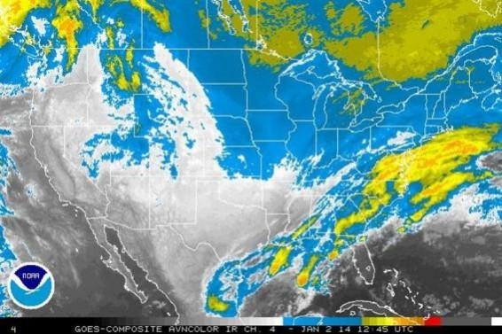 Storm systems are seen over the United States in an infrared satellite image from the NOAA taken January 2, 2014. Storm systems are seen over the United States in an infrared satellite image from the NOAA taken January 2, 2014.