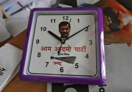 A wall clock carrying a portrait of Arvind Kejriwal, leader of the newly formed Aam Aadmi (Common Man) Party (AAP), and party symbol of a broom, lies on a table inside their party office in New Delhi October 1, 2013 (Reuters) A wall clock carrying a portrait of Arvind Kejriwal, leader of the newly formed Aam Aadmi (Common Man) Party (AAP), and party symbol of a broom, lies on a table inside their party office in New Delhi October 1, 2013