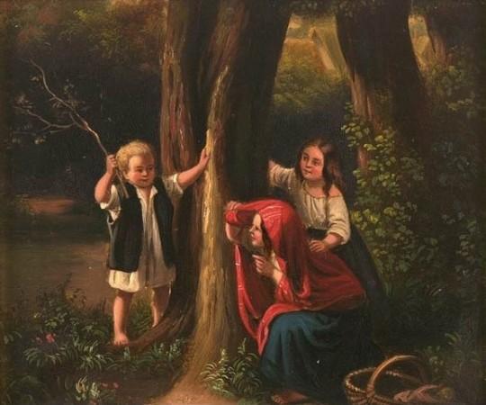 A 19th-century painting of three children playing hide and seek in a forest