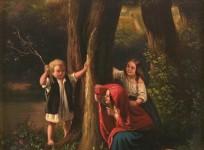 a-19th-century-painting-of-three-children-playing-hide-and-seek-in-a-forest