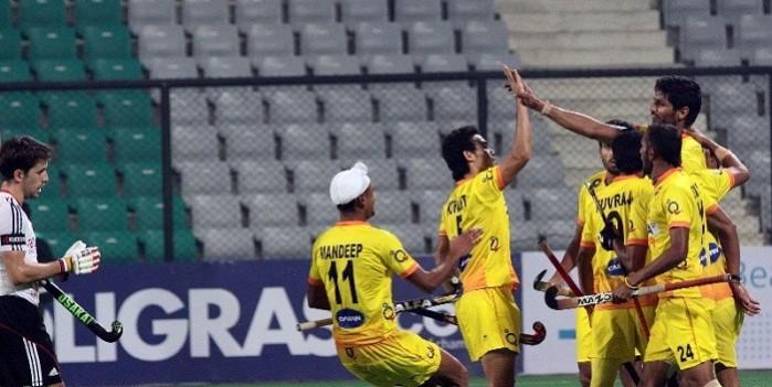 India players celebrate a goal against Germany in the Hockey World League, January 13. Hockey India India hockey Germany