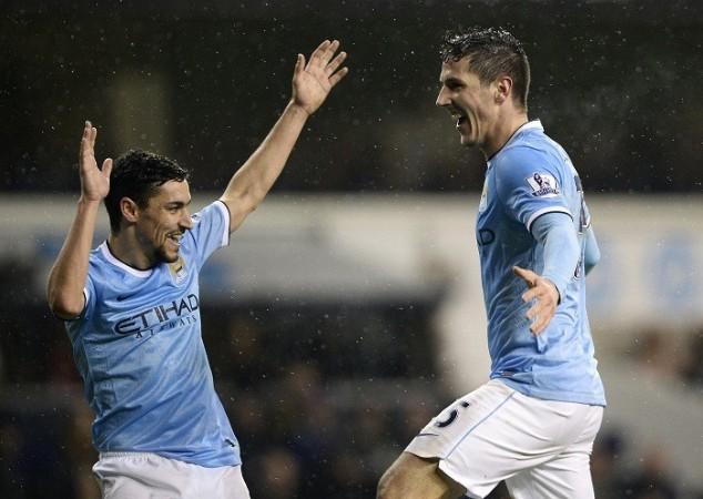 Manchester City's Jesus Navas and Stevan Jovetic celebrate a goal against Tottenham in the English Premier League, 29 January. Reuters Jesus Navas Stevan Jovetic Manchester City