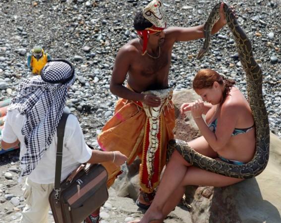 A photographer puts a python on a sunbather for a snapshot on a beach outside Russia's Black Sea city of Sochi September 23, 2010. Photographing with exotic animals such as snakes, parrots, monkeys and alligators is popular among holiday-makers at the Black Sea coast of Russia. (Reuters) Sochi Olympics