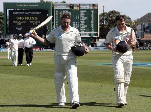 New Zealand duo Brendon McCullum and BJ Watling go in for Tea during Day 4 of the second Test against India, 17 February. Reuters Brendon McCullum BJ Watling New Zealand