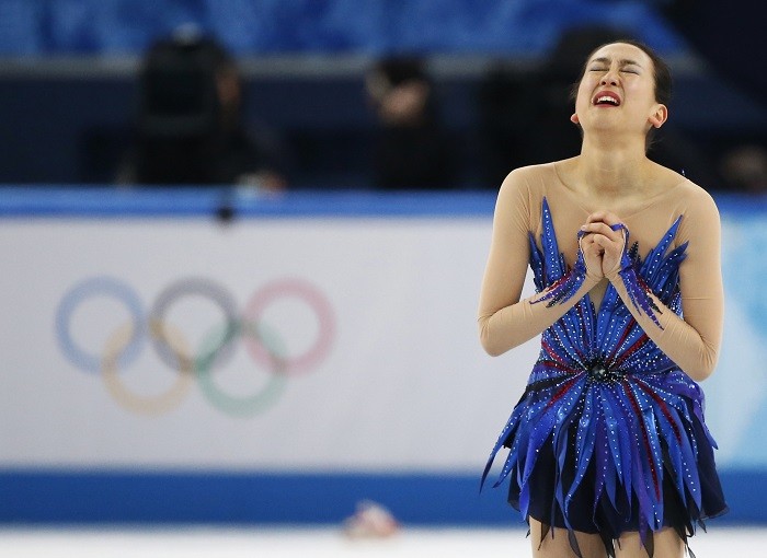 Japan's Mao Asada reacts at the end of her program during the Figure Skating Women's free skating Program at the Sochi 2014 Winter Olympics, 20 February. Mao Asada