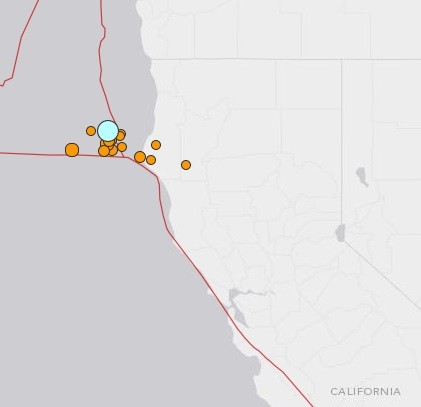 This USGS map screen shot shows a  powerful 6.9 magnitude earthquake jostled the coast of Northern California late Sunday followed by at least 15 aftershocks.