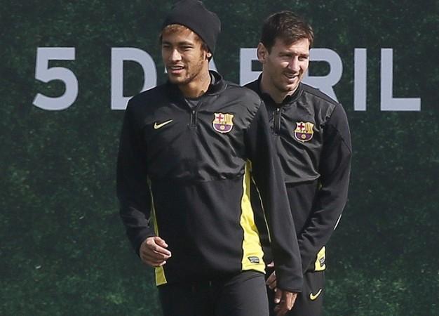 Barcelona forwards Lionel Messi and Neymar during a training session, 11 March. Reuters Messi Neymar Barcelona